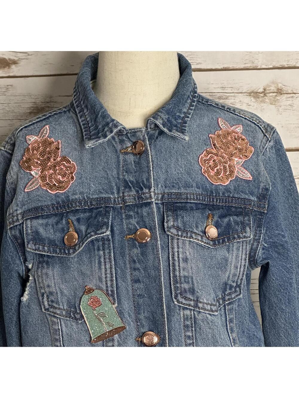 Disney distressed jean jacket Size 7/8 denim medium wash sequin embroidered - Picture 8 of 9